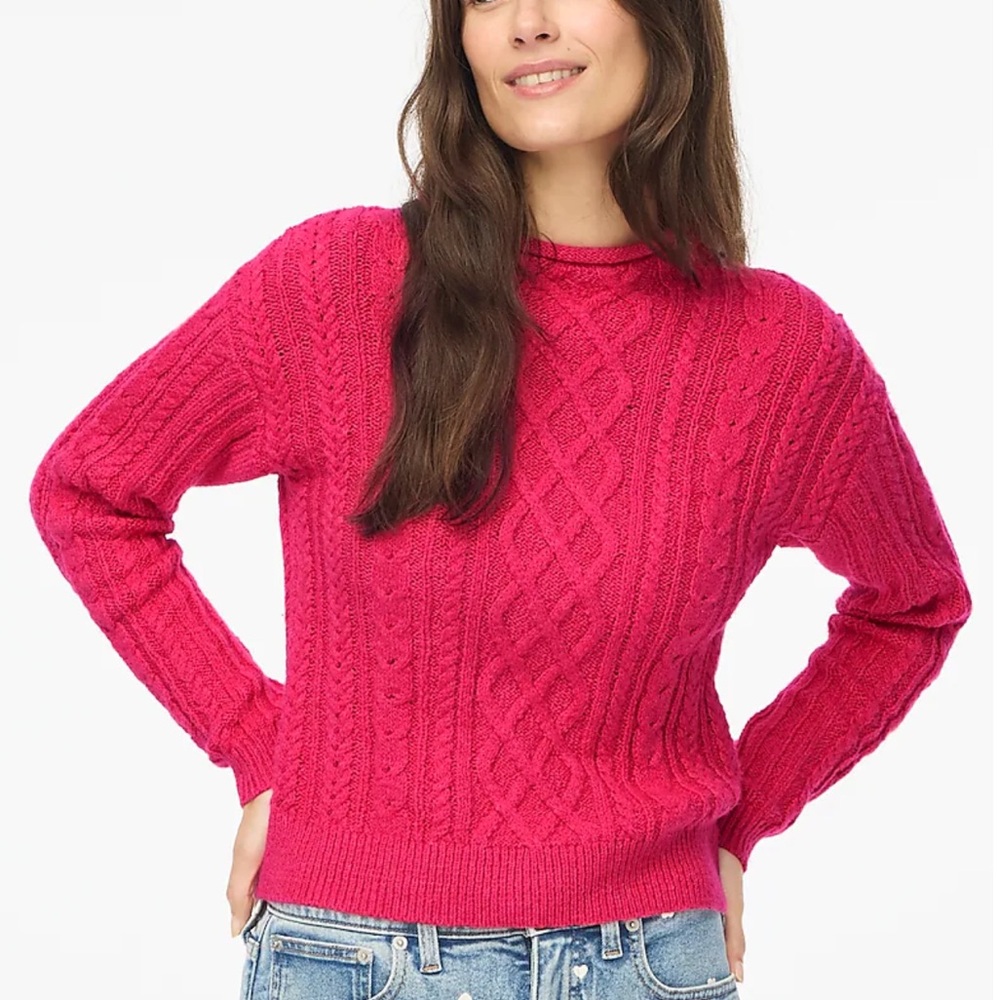 NWT J. Crew Mockneck cable-knit sweater Rasberry XL small hole in shoulder seam